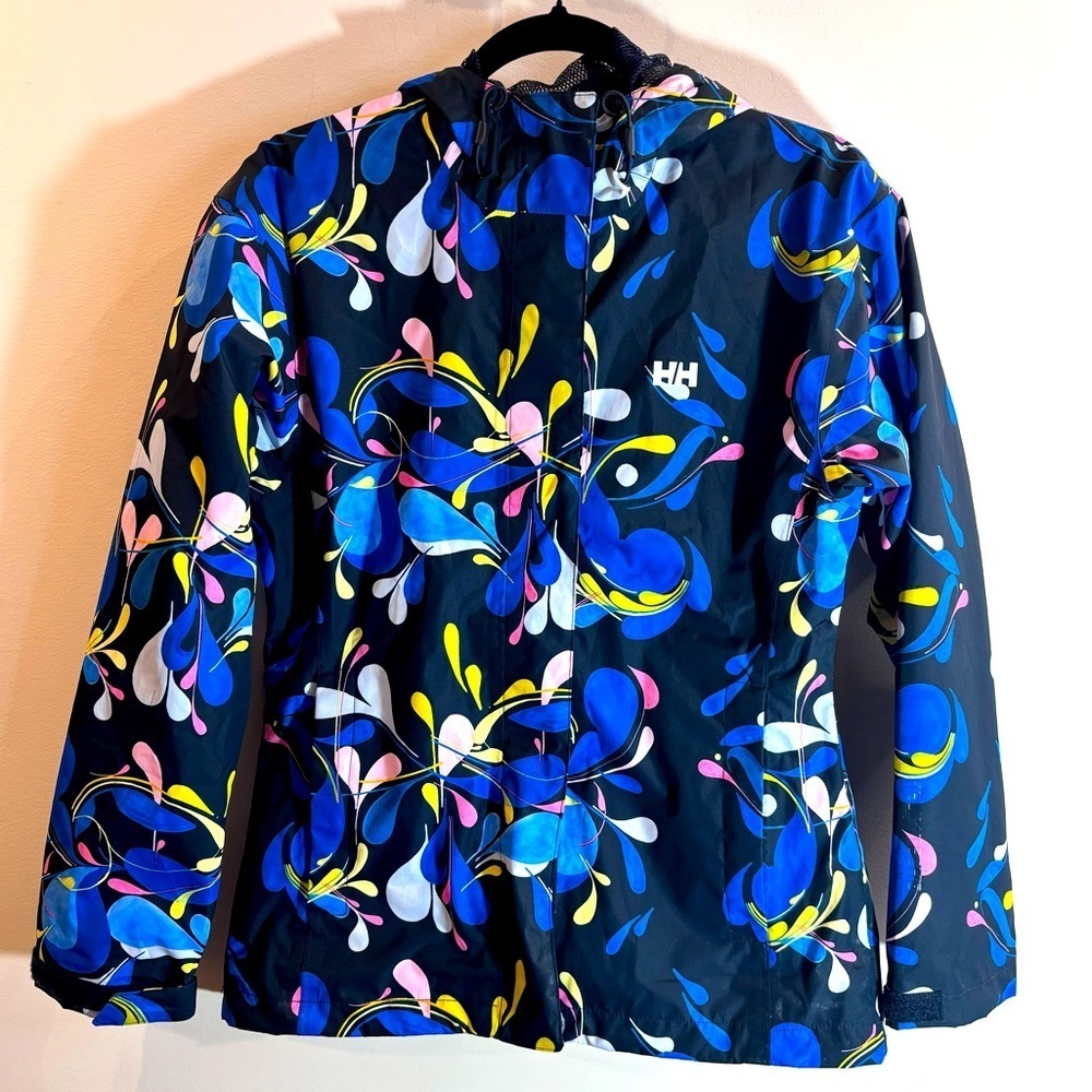 HELLY HANSEN Sz M Rain Jacket Hooded Floral Styled Pattern Pockets Vented Lining